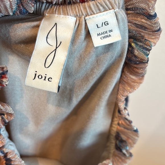 Joie Brocade High Neck Smocked Waist Tan Multicolor Shimmer Floral Top L - Picture 3 of 11